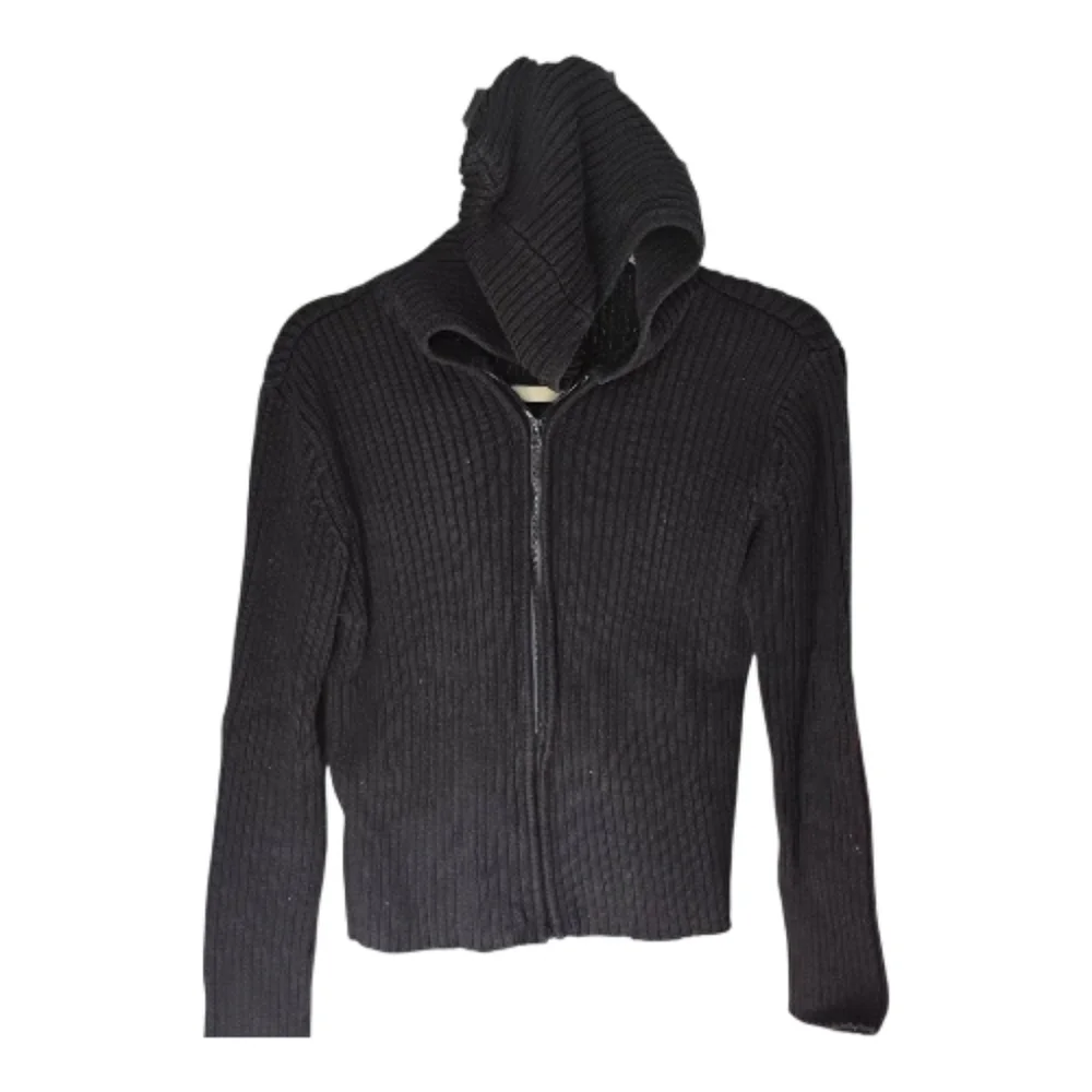 Black Ribbed Zip-Up Hoodie - Picture 1 of 4